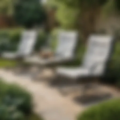 Elegant adjustable height patio chair set in a beautifully landscaped garden