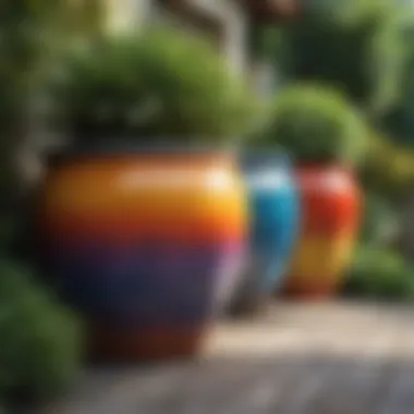 Vibrant extra large ceramic planter pots in an outdoor garden