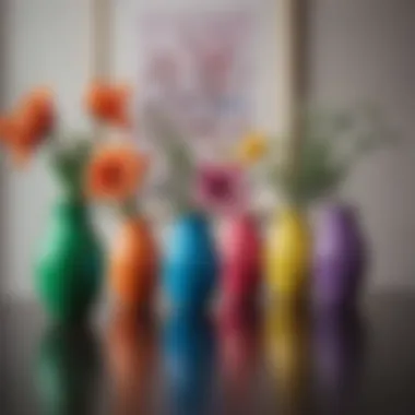 Colorful small plastic vases arranged in a chic setting