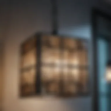 Close-up of a square pendant light showcasing intricate design details