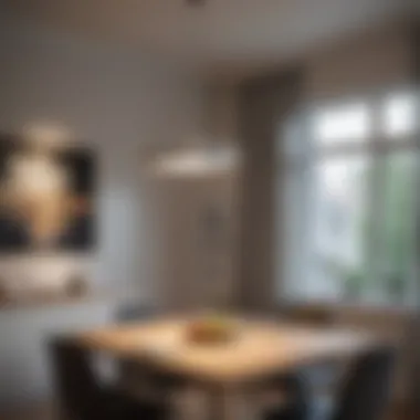 A modern square hanging light fixture illuminating a contemporary dining area