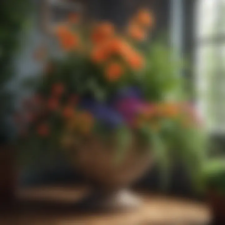 A close-up of a beautifully arranged large planter pot filled with vibrant flowers and greenery.