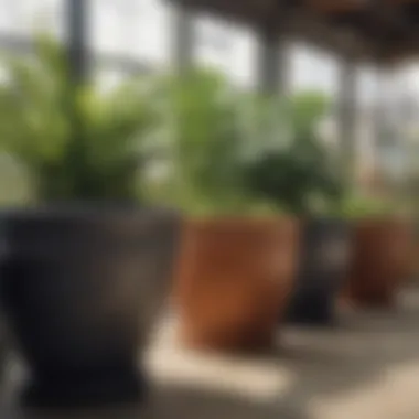 A variety of large planter pots displayed in a garden center, showcasing different materials and designs.