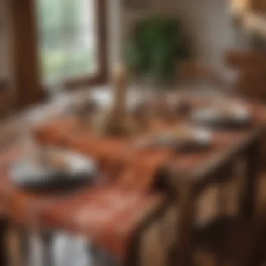 A cozy dining space featuring a rustic table runner and placemat set