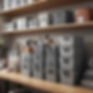 Variety of storage bins organized on a home office shelf